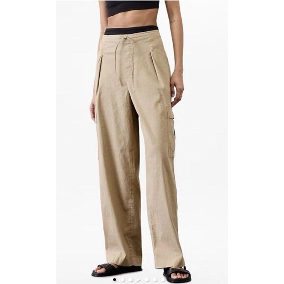 Athleta Pants - Athleta Women’s Tan Flax Paradise Mid Rise Linen Blend Pull On Cargo Pants Sz M
